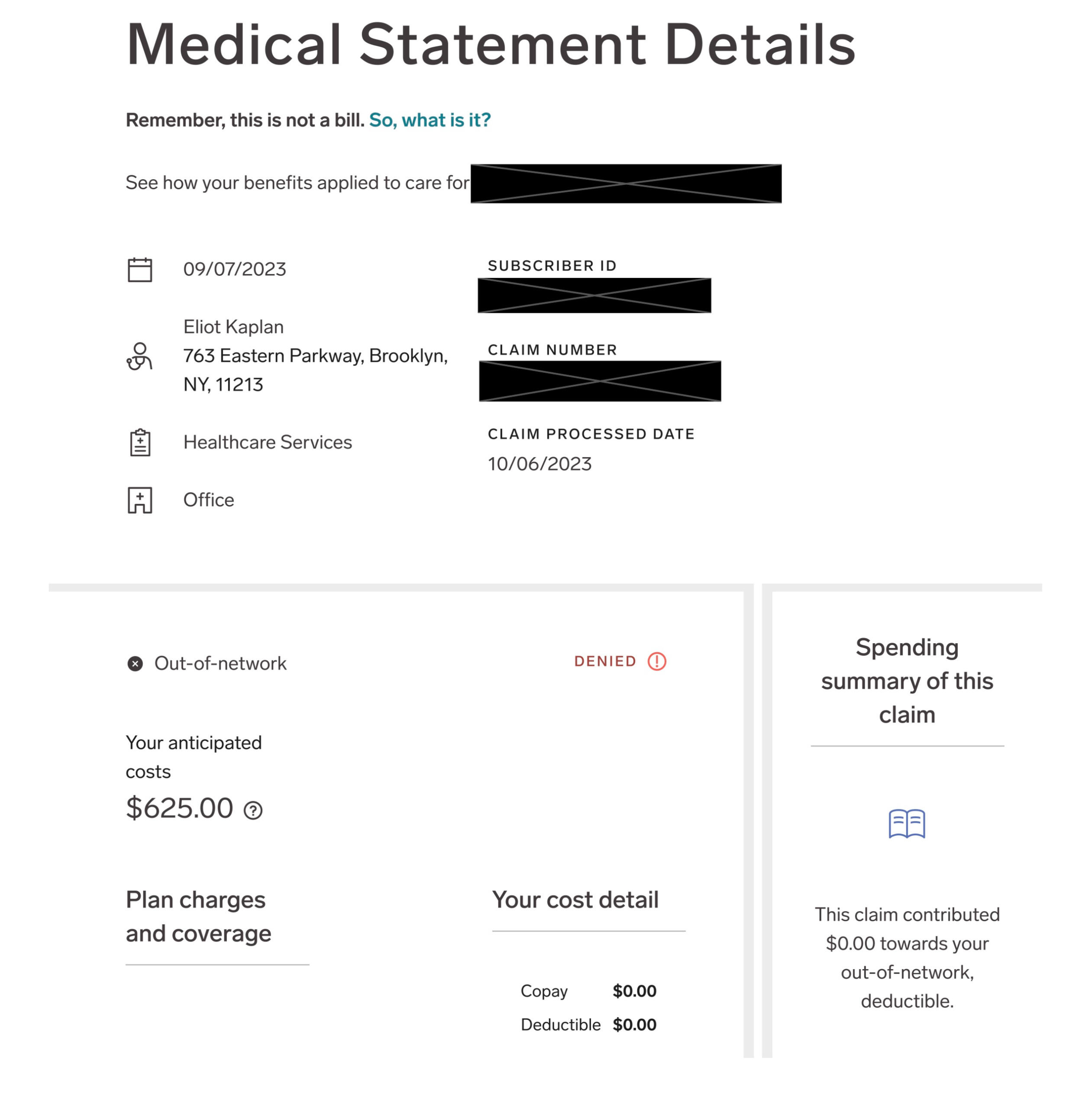 Screenshot of Blue Cross Blue Shield decline message