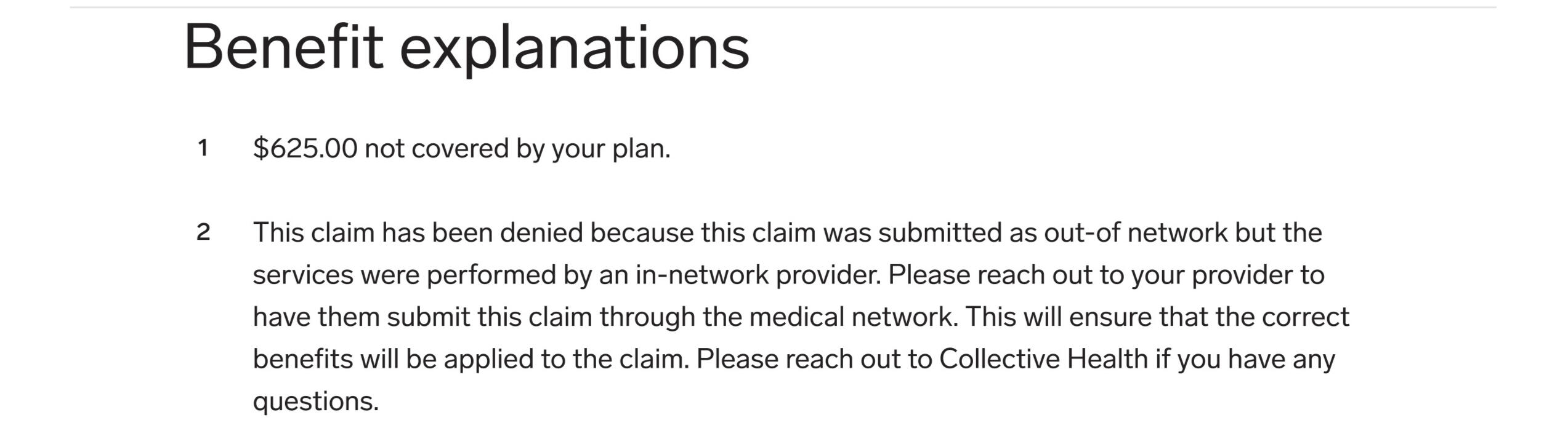 Screenshot of Blue Cross Blue Shield decline reasoning indicating Dr. Kaplan is in-network.