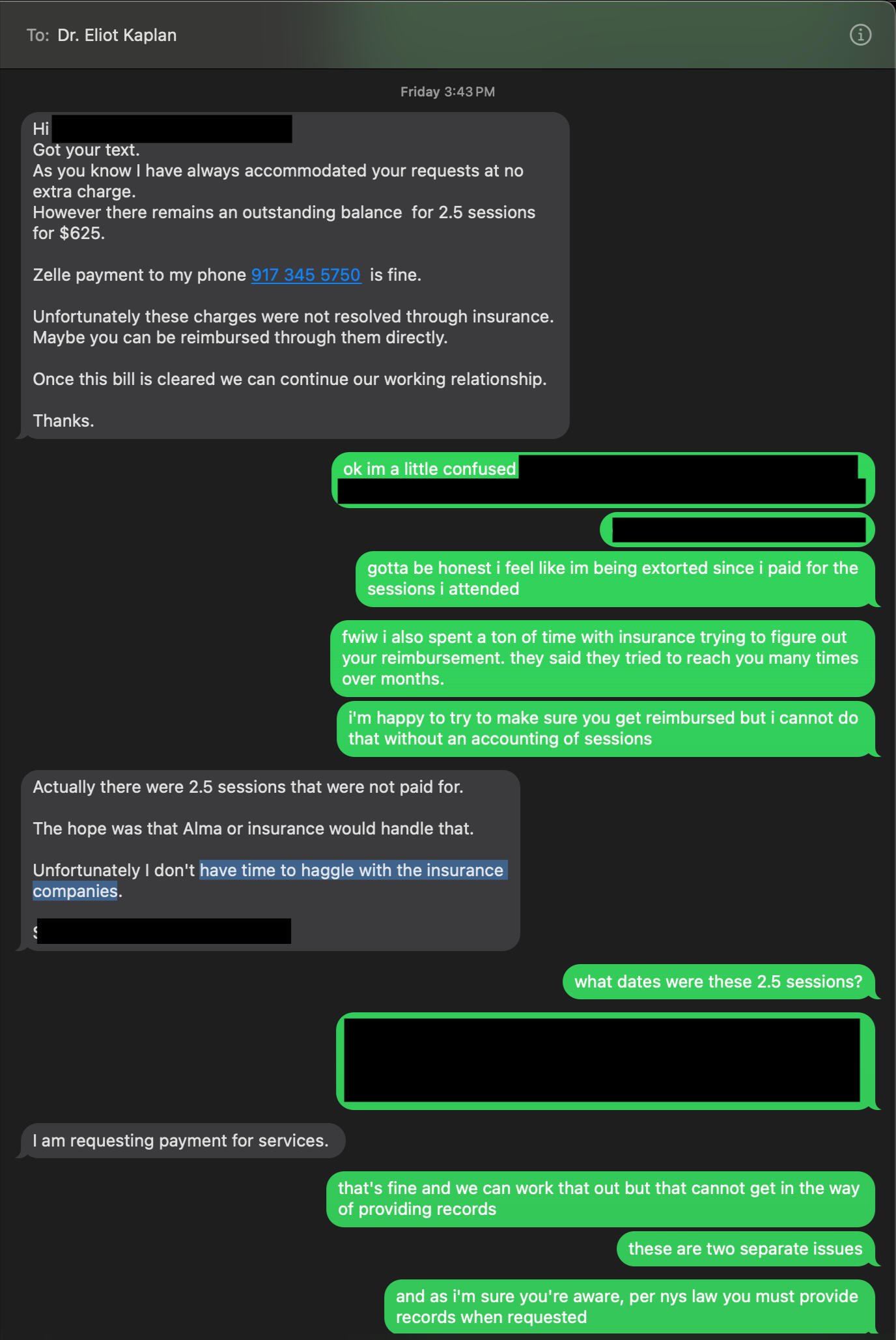 SMS with Dr. Kaplan in which he demands payment before releasing records.