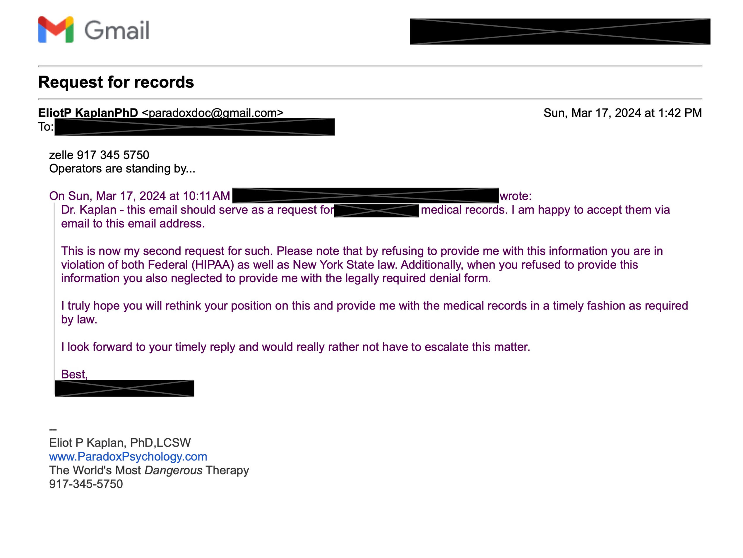 SMS with Dr. Kaplan in which he demands payment before releasing records.